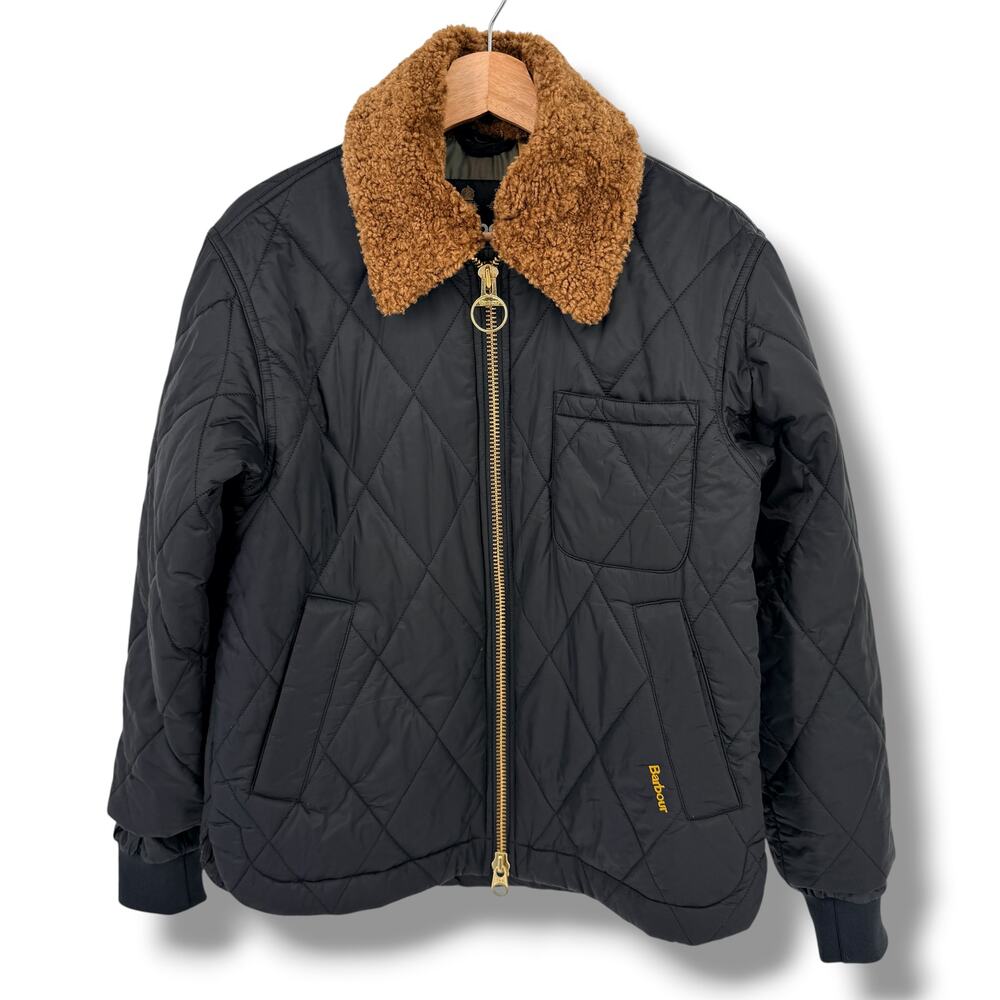 Barbour Vaila Quilted Teddy Collar Jacket Womens Sz 4 Black Removable Collar